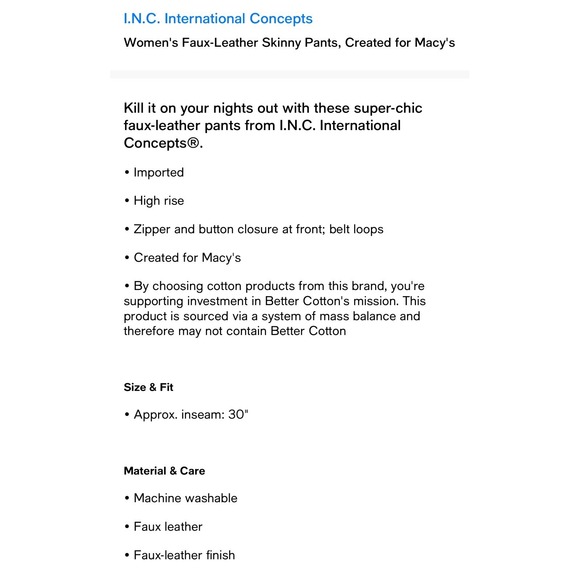 INC international Concepts Women's Faux-leather  Skinny pants size 12 Deep Black - Picture 8 of 8